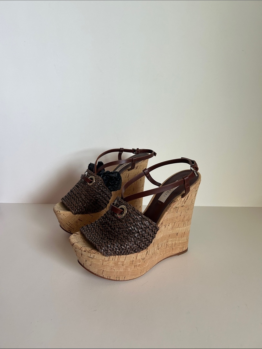 Casadei Brown Woven Cork Wedge Sandals